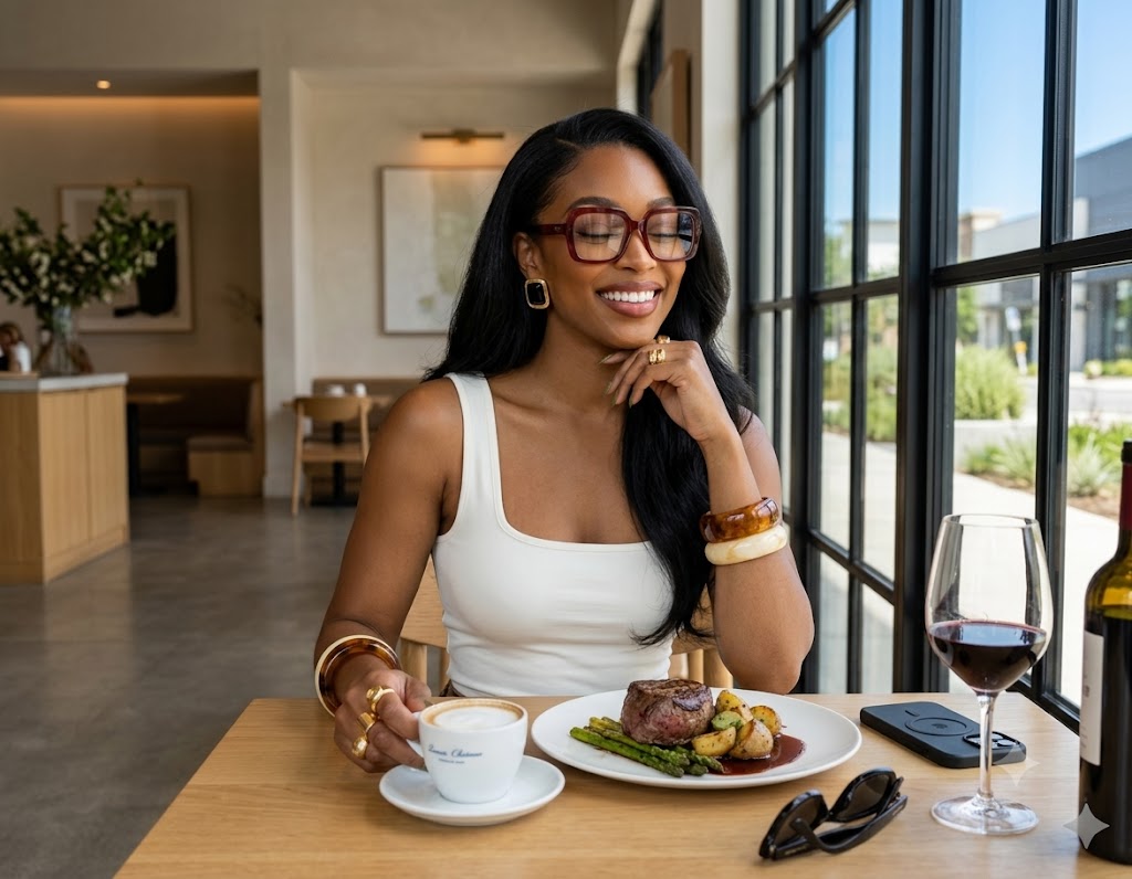 Iman of Iman's Corner smiling at a restaurant table